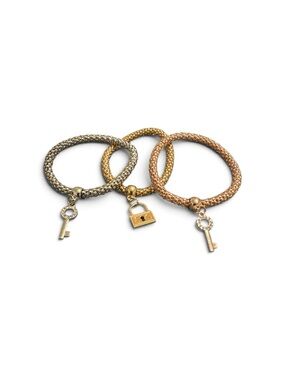 Copper Three-Piece Key & Lock Charm Bracelet Set - Gold, Rose Gold, Silver